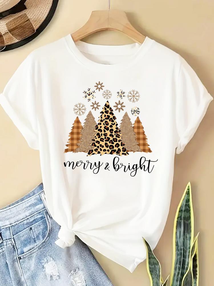 (Asian Size) New Year T Clothing Short Sleeve T-shirts Print Merry Christmas Letter 90s Trend Cute O-neck Women's Top Fashion Holiday Graphic Tee