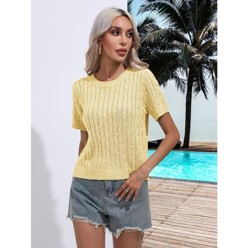 Women's Twist Short Sleeve Pullover Knit Sweater Spring and Summer Round Neck Solid Colour Knitwear