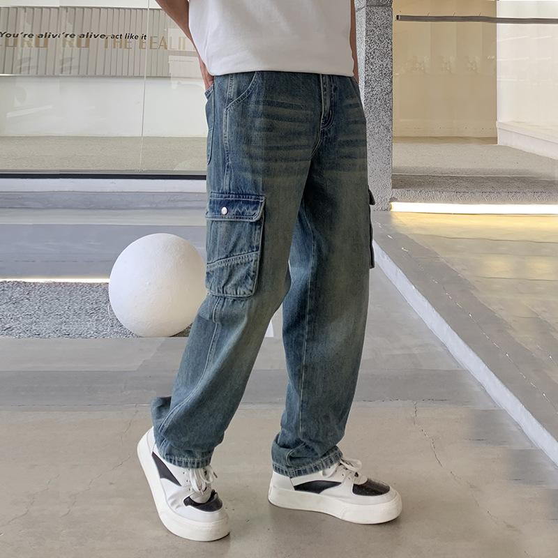Heavy industry washed jeans men's new loose mopping trousers straight men's casual trendy fashion tooling pants