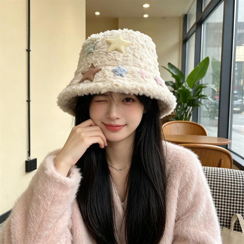 Women S Plush Star Bucket Hat Cute Warm Sun Protection For Autumn Winter