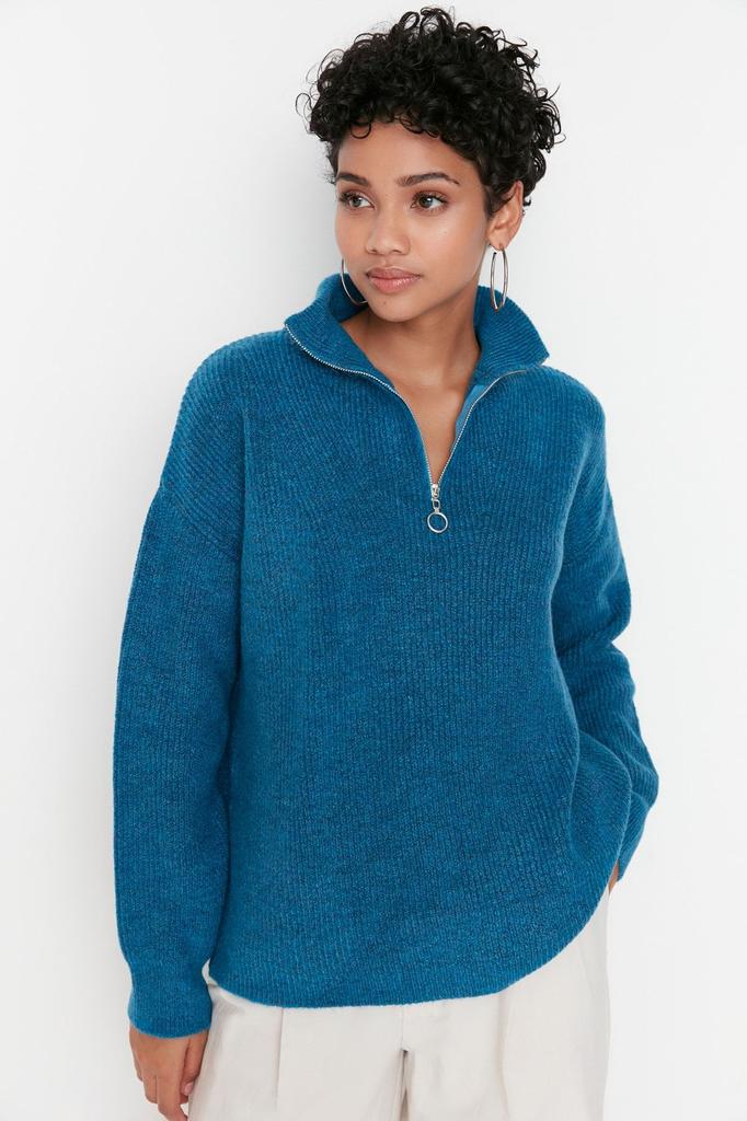 Женский свитер в элегантном стиле, зеленый мягкий текстурированный трикотаж на молнии, свитер