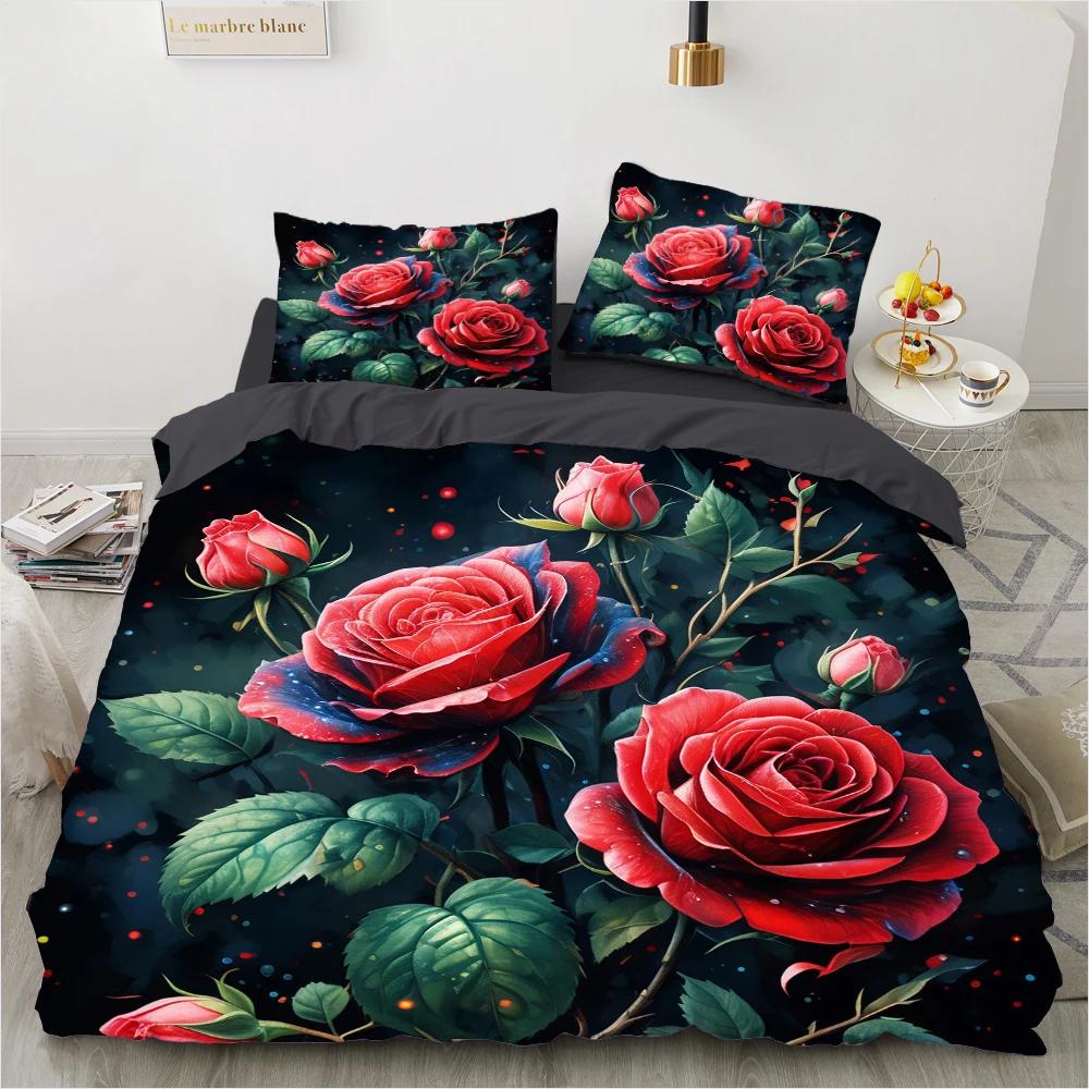 Комплект пододеяльника с красными розами размера Queen King Full 3D Комплекты постельного белья Цветочная наволочка Чехол для одеяла/пододеяльника Наборы постельного белья Постельное белье Кровать 140x200