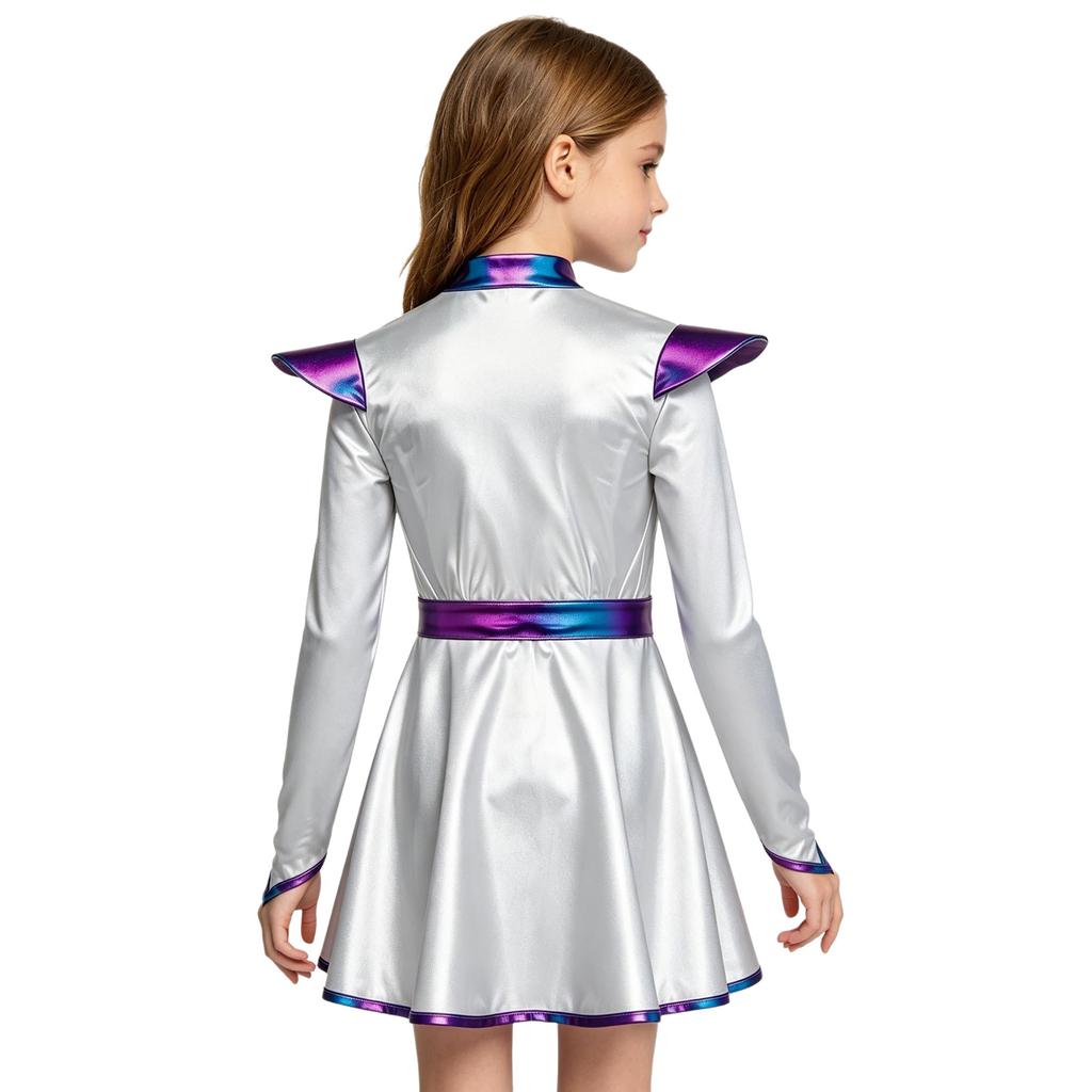 Girls Halloween Alien Robot Costume Long Sleeves Zip Up A Line Dress Belt Shiny Metallic Outer Space