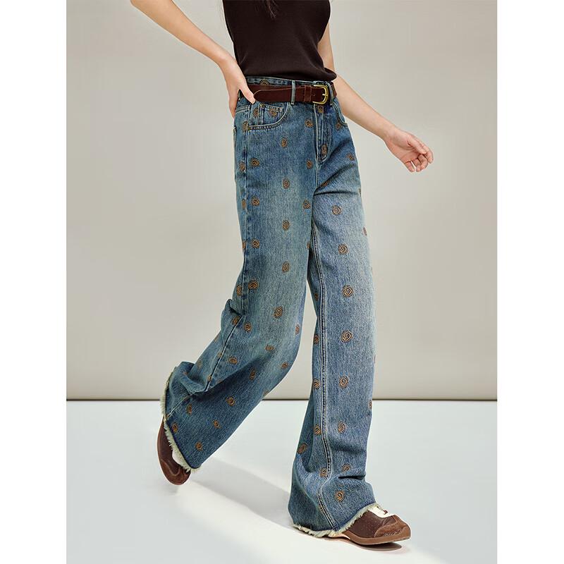 INMAN Color-block Embroidery Frayed Wide-leg Jeans