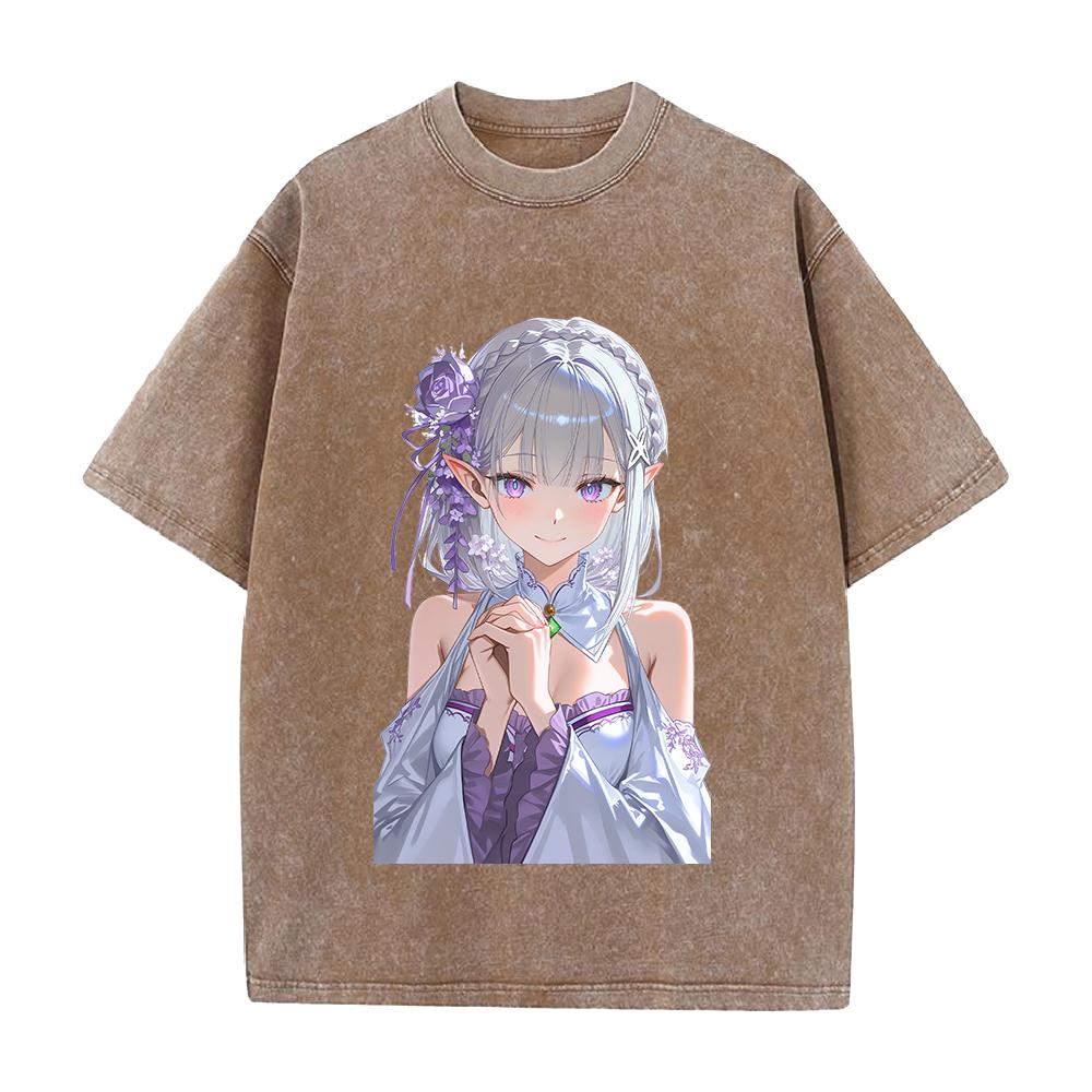 Re ZERO Начинаем жизнь с нуля в другом мире Эмилия Печатная Футболка Мужская Женская Стиранные Хлопковые Футболки Ретро Футболка Харадзюку Унисекс Футболка