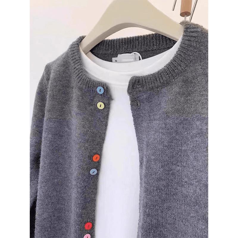 2026 Spring/Autumn Women's Grey College Style Pure Wool Cardigan with Colorful Buttons - Round Neck, Short Sweater Coat.