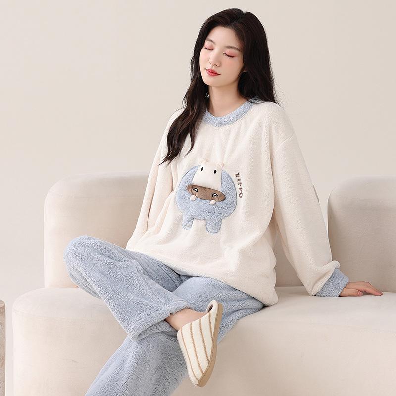 Парные пижамы Осень И Зима Зимний Коралловый Флис Утепленный Флис Фланель Мужской И Женский Милый Комплект Домашней Одежды