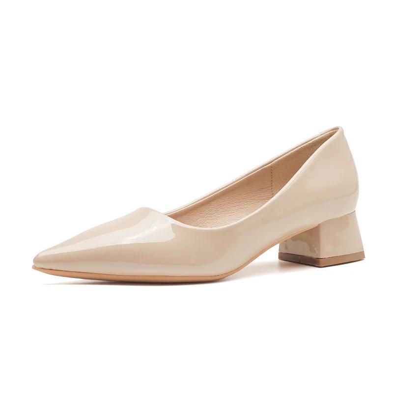 Женские туфли-лодочки с острыми толстыми каблуками, летняя мода, неглубокий толстый каблук, мягкие сексуальные лакированные туфли из натуральной кожи, повседневные туфли для вечеринок
