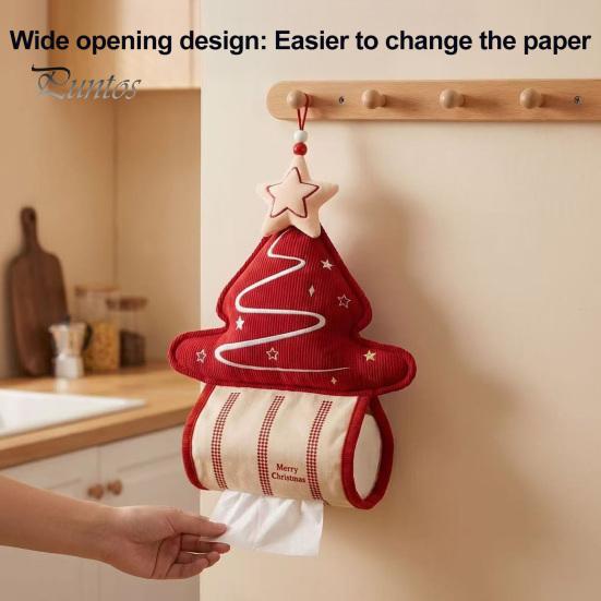 Corduroy Tissue Box Cover Christmas Tree Cover, Hanging Paper Holder, Festive Embroidered Star Case Holiday Decoration for Home Sofa Bedroom,