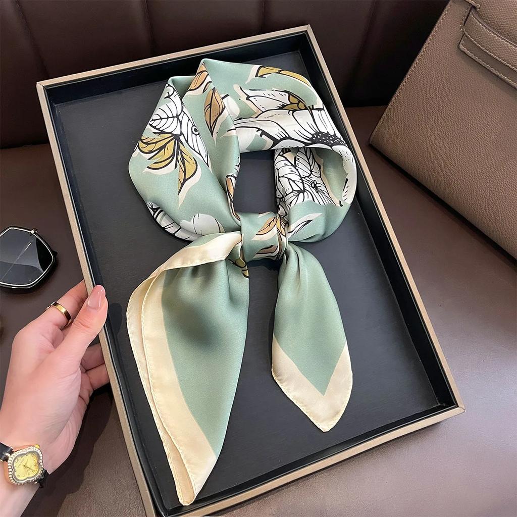 Elegant Floral Scarf Women Imitation Silk Neckerchief Foulard Female Hairbands Echarpe Shawls Wraps Bandanas