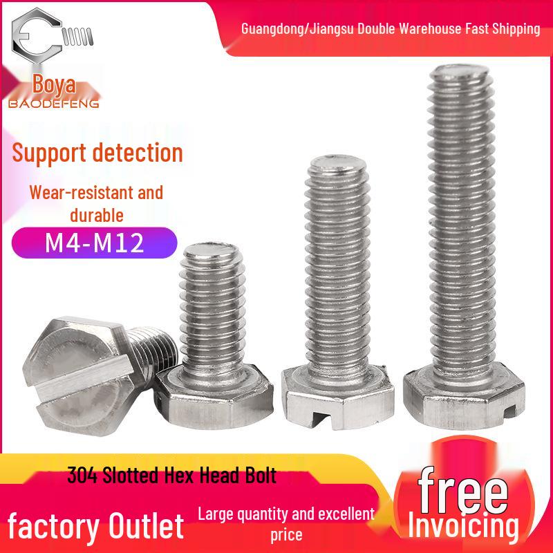 304 Stainless Steel Slotted Hex Head Bolts GB29.1, M4 M5 M6 M8
