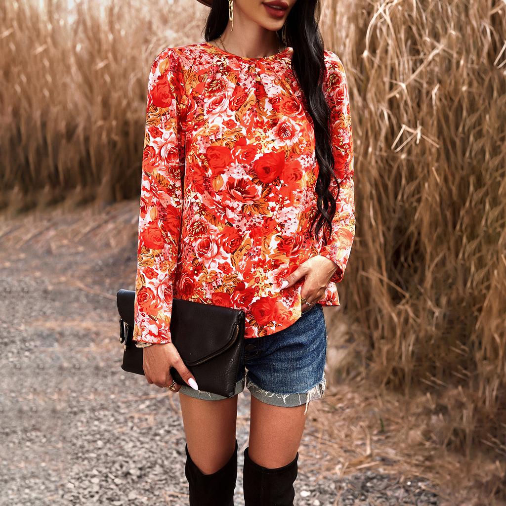Осенне-зимняя рубашка с круглым вырезом и длинным рукавом с принтом для женщин, блузки