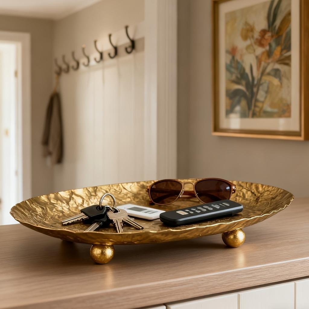 1PC Handmade Wrought Iron Storage Tray Golden Hammer Texture Three Feet Stable Support Elegant Integration of Home Decoration and Practical Storage