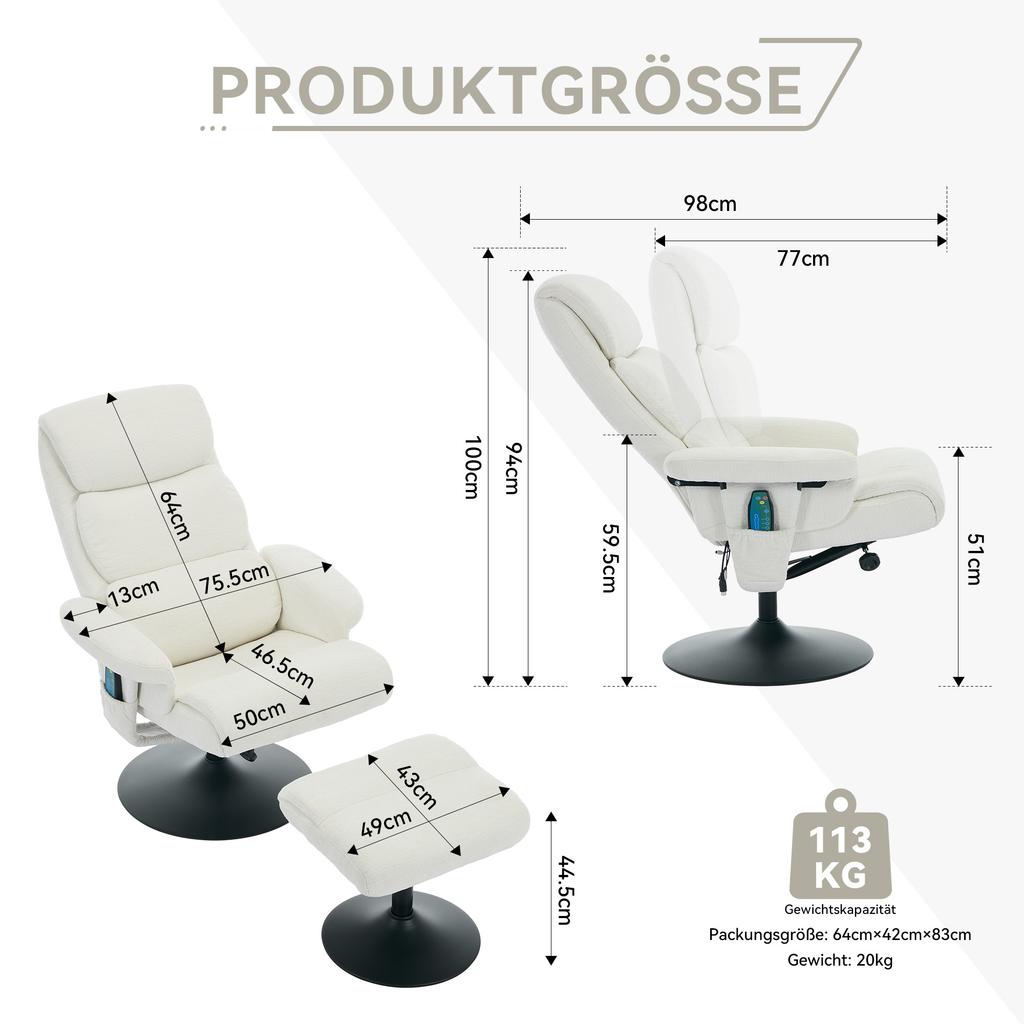 023 Recliner with Reclining Function and 5-Point Massage, TV Armchair with Electric Heating Function and Stool, 360 degrees Rotatable