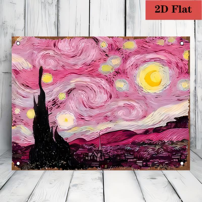 Tin Sign Vintage Starry Night Landscape Wall Plaque Pink Purple Art Print Metal Poster Home Bar Cafe Decor with Hanging Holes f