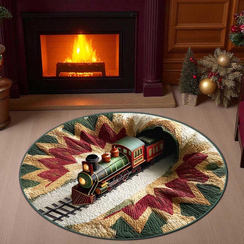 Christmas Train Round Doormat, Xmas Holiday Floor Decor, Festive Home Decor Gift for Kids and Family (2D Flat Printing)