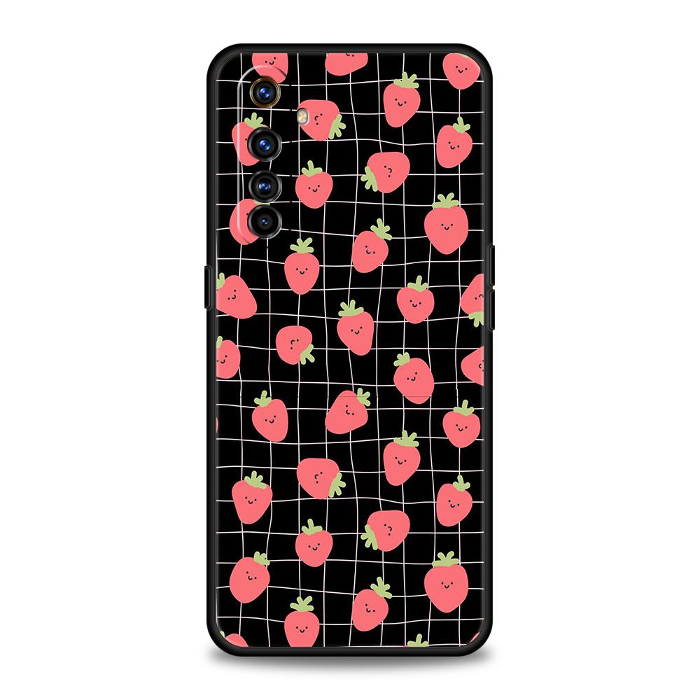 Мягкий ТПУ Чехол для телефона Realme 11 10 9 Pro Plus GT2 GT3 GT5 C21 C25 C35 C53 C55 C67 Pro 5G Милая Клубника и Мелкий Цветочный Розовый