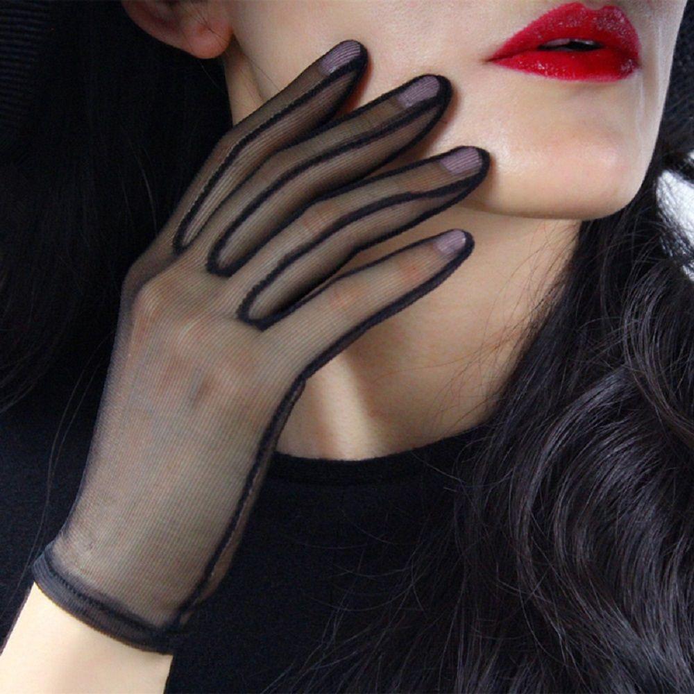 Girls White Faux Silk Transparent Black Ultra Thin Opera Gloves Finger Gloves Mesh Short Gloves