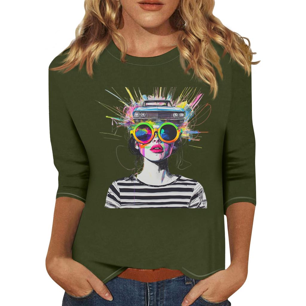 Женская мода повседневная три четверти рукава с принтом персонажей круглый вырез пуловер топ