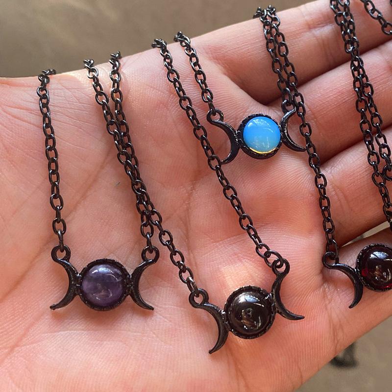 Double Moon Pendant Simple Vintage Creative Design Necklace Natural Stone Pendant Necklace