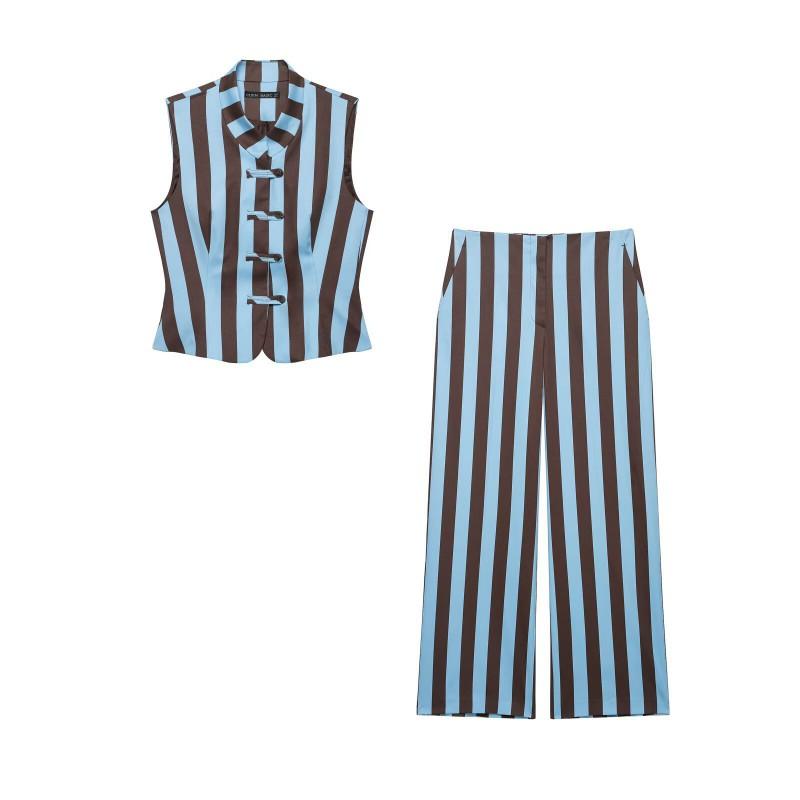 Womens Striped Knotted Crop Top Straight Leg Pants Set Casual Outfit Retro Chic Two Piece Ensemble