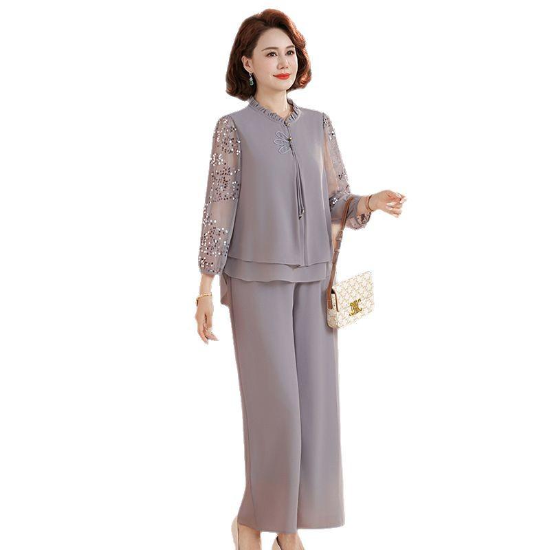 Chic Women's Suit: Mesh Sleeve Top & Wide-Leg Pants Set for Stylish Middle-Aged and Elderly Moms