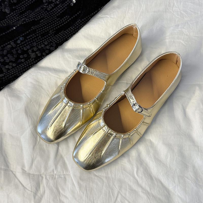 Плиссированные туфли-лодочки на плоской подошве в стиле ретро 2025 лето новая обувь с мягкой подошвой серебристые туфли Мэри Джейн женские туфли-лодочки балетки