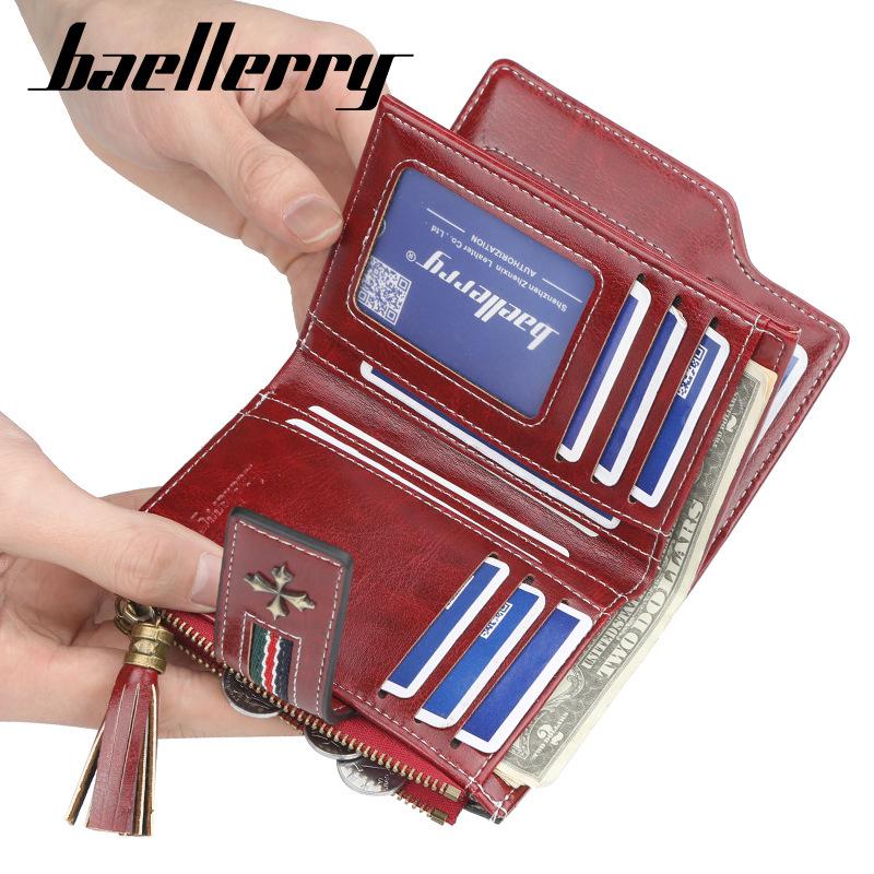 Женский ретро-кошелек Baellerry из натуральной кожи - Многослотовый для карт, на молнии, короткий, с отделением для монет.