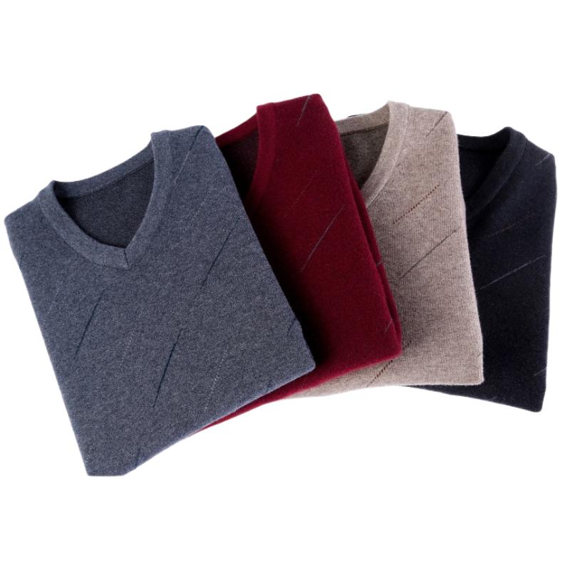 Man Autumn and Winter Clothes Middle-aged V-neck Sweater Men's Thickened Sweater Knitted Base Shirt