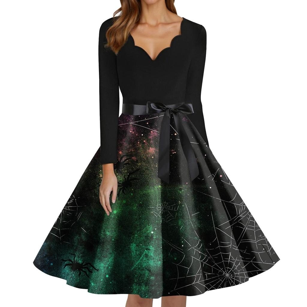 Women's Fashion V-Neck Casual Slim Fit Halloween Printed Long Sleeve Dress