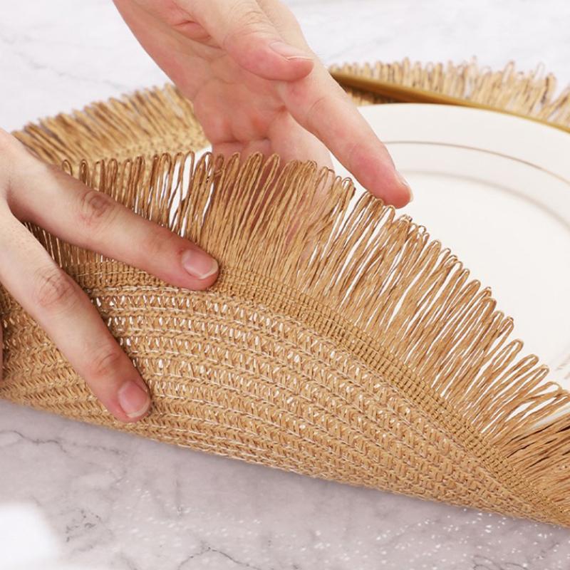 Круглые плетеные салфетки под приборы, бумажные салфетки с бахромой, плетеные вручную нескользящие изоляционные салфетки, подставки под чайные чашки, украшения для обеденного стола