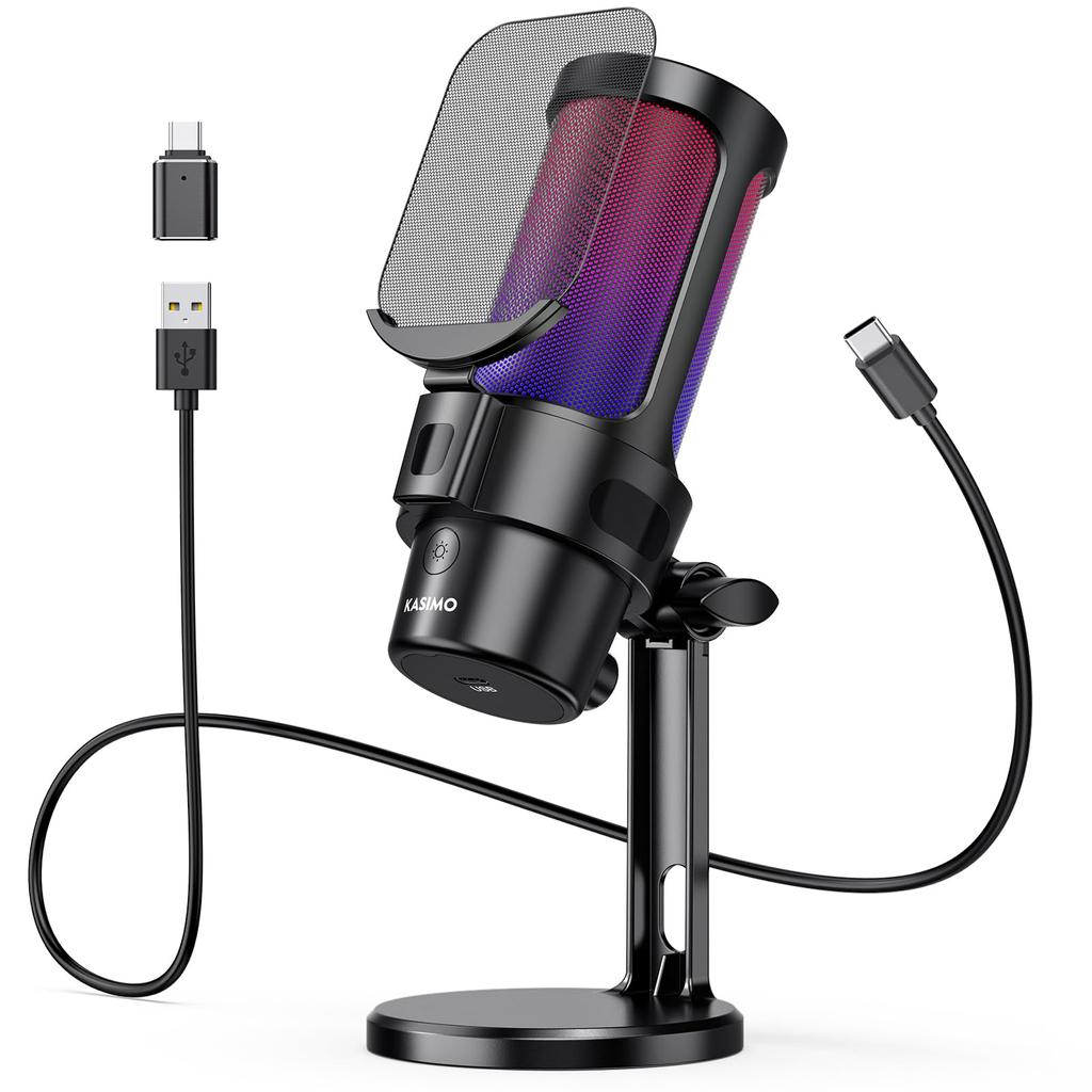 KASIMO USB Condenser Microphone Gaming Microphone PC Microphone RGB Lighting Volume Adjustment Mute Button Headphone Output Terminal Unidirectional
