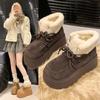 Winter Newest Lace Up Fluffy Snow Boots Round Toe Genuine Leather Flat Women Warm Ankle Boots Thick Sole Fashion Wool Snow