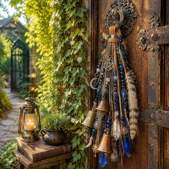 Vintage Copper Bell Wind Chimes Witch Door Decoration, Boho Sun Catchers, Retro Chime, Pentagram Star Moon Witchy Gift for Birthday Hanging