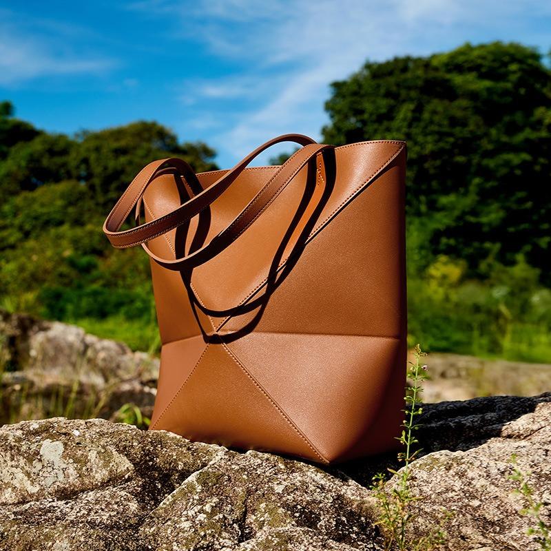 Пазл складная сумка-тоут через плечо большой вместимости из цельной коровьей кожи, ретро темперамент, геометрическая лоскутная складная сумка-ведро