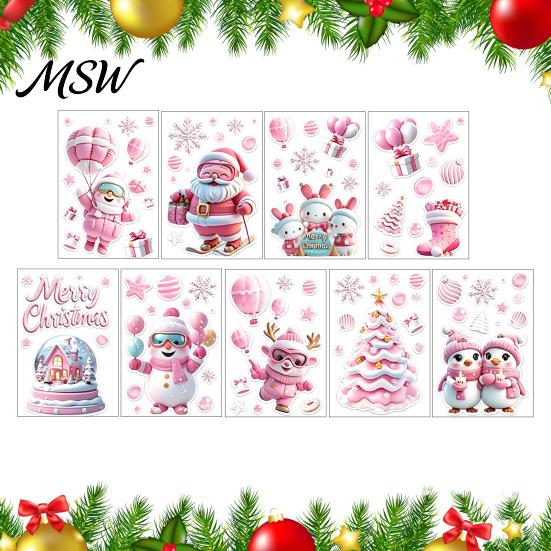 Santa Claus Window Decor 9Pcs Pink Christmas Static Clings, Snowman Bunny Penguin Glass Party Decorations Decals, Reusable Xmas Stickers, Holiday for