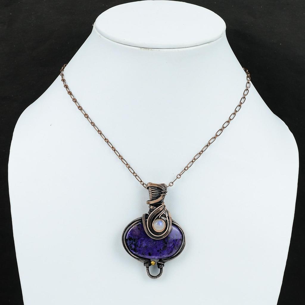 Подвеска из чароита, медная проволока, обернутая подвеска, ювелирные изделия из драгоценных камней, подвеска ручной работы, подвеска из радужного лунного камня, антикварная медная подвеска, подарок для нее