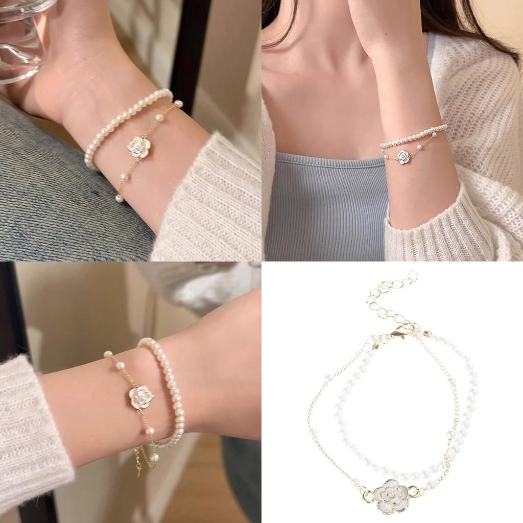 Элегантный двухслойный браслет с камелиями и имитацией жемчуга, женское модное украшение на запястье, идеально подходящее к любому наряду