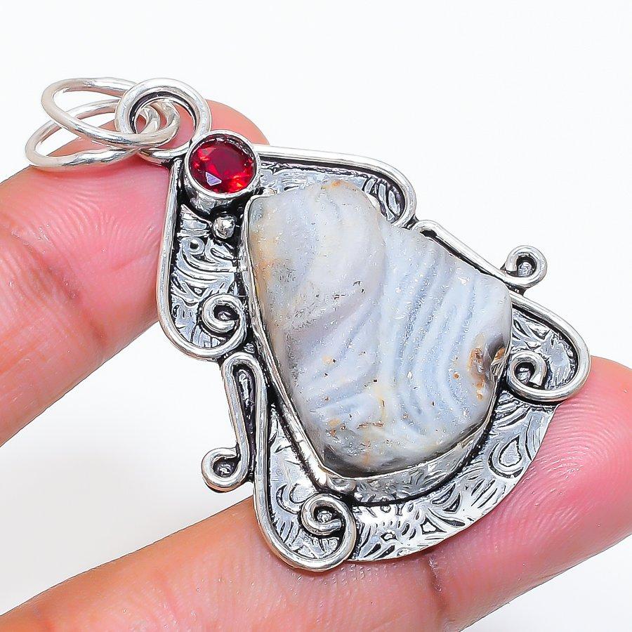 Natural Desert Rose Druzy, Garnet 925 Sterling Silver Jewelry Pendant 2.17" ZS-750