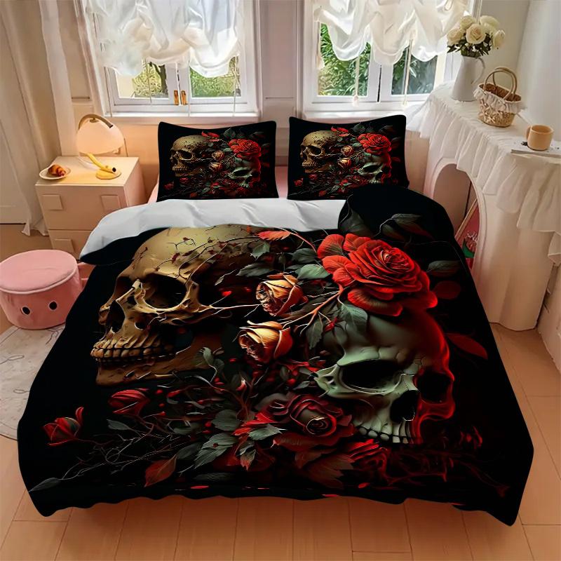3pcs Skulls in Bloom Bedding Set, Including 1 Quilt Cover and 2 Pillow Shams, Without Filling,