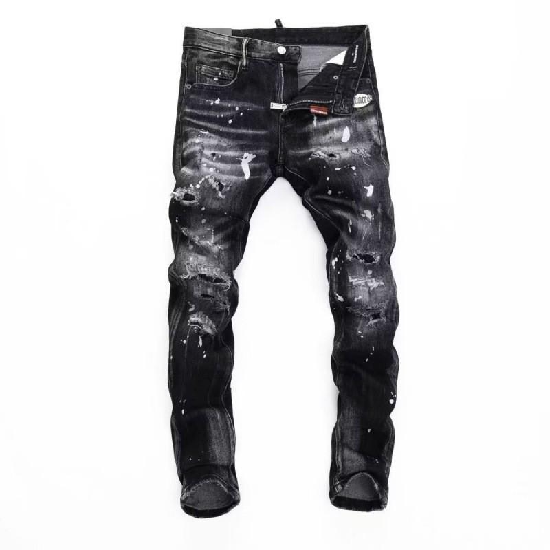 Mens Slim Fit Jeans Streetwear Distressed Embroidered Denim Pants Youth