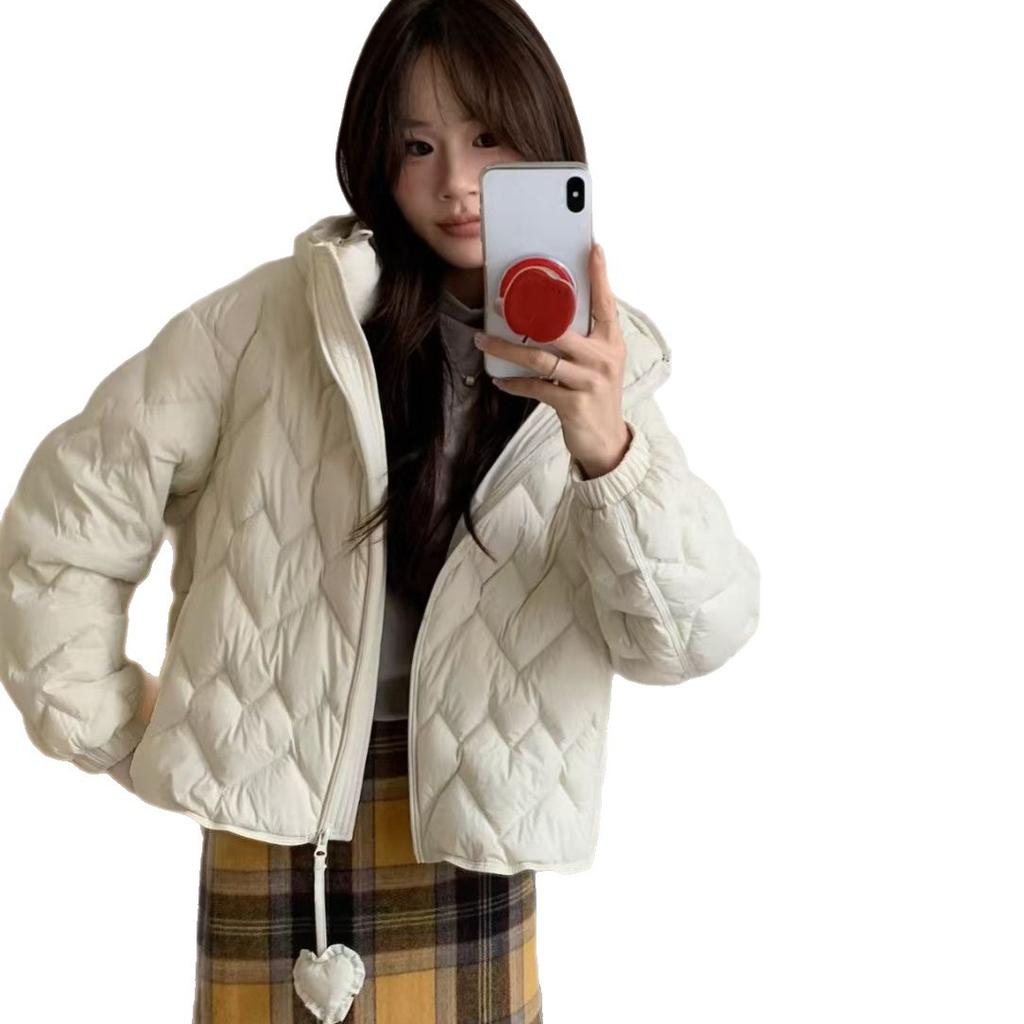 Autumn and winter new love down jacket women's short hooded loose casual rhombus lattice white duck down warm jacket