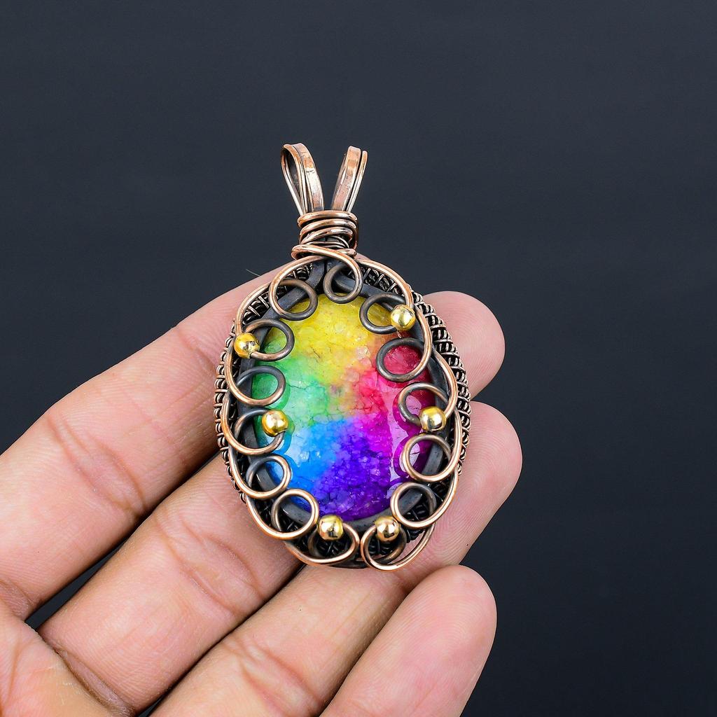 Очаровательный радужный солнечный кварц, драгоценный камень, чистая медная проволока, обернутая ювелирным кулоном ручной работы
