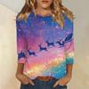 Women's Fashion  And Winter Casual Round Neck Brushed Ribbed Christmas Print Three-quarter Sleeve T-shirt Women's Clothing