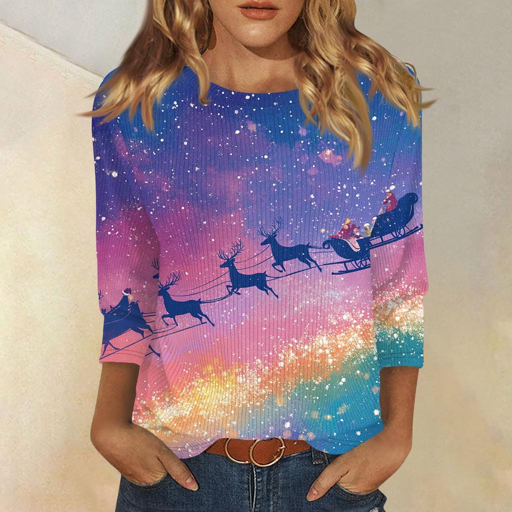 Women's Fashion And Winter Casual Round Neck Brushed Ribbed Christmas Print Three-quarter Sleeve T-shirt Women's Clothing