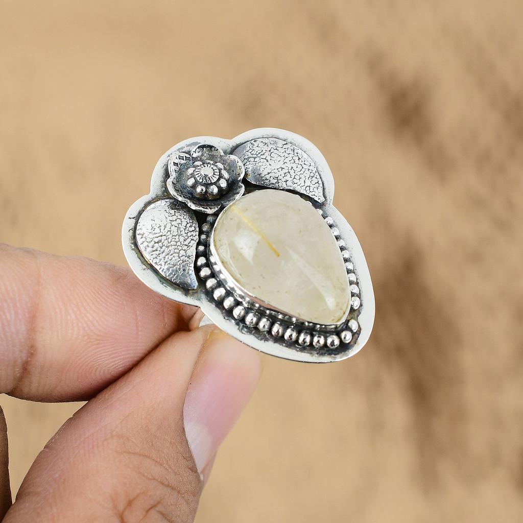 Sterling Silver Natural Golden Rutile Mother Flower New Multi Stone Ring Jewelry