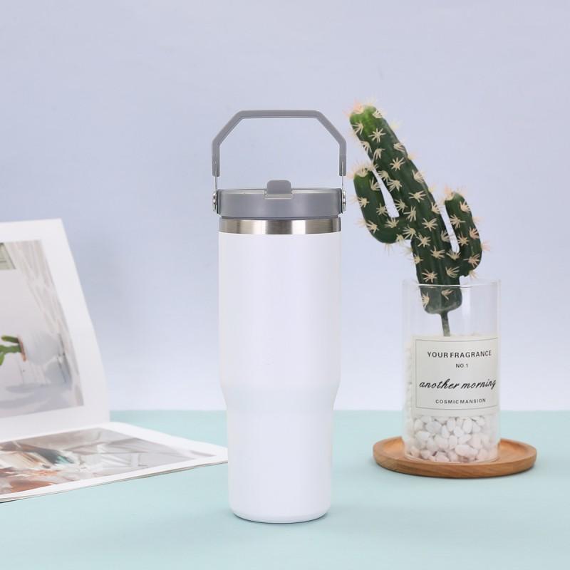 30 Oz Stainless Steel Travel Tumbler With Handle Straw Lid Car Outdoor Use Insulated Water Bottle