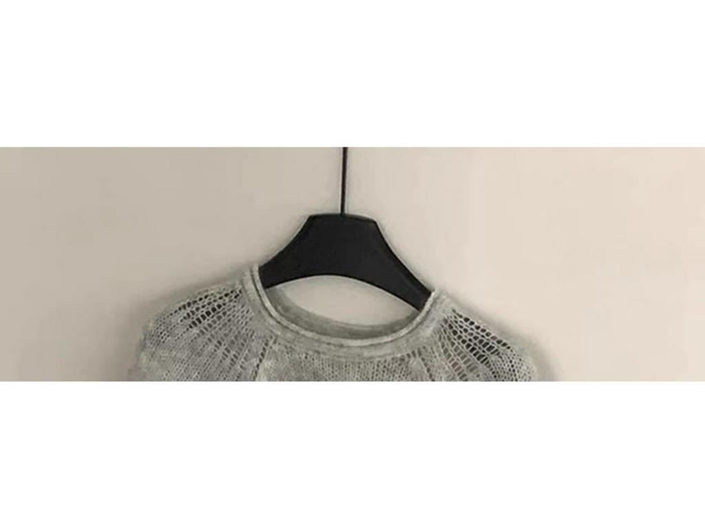 Women's Light Gray Puff Sleeve Mohair Sweater - Autumn/Winter, Round Neck, Short Sleeve Knit Top.
