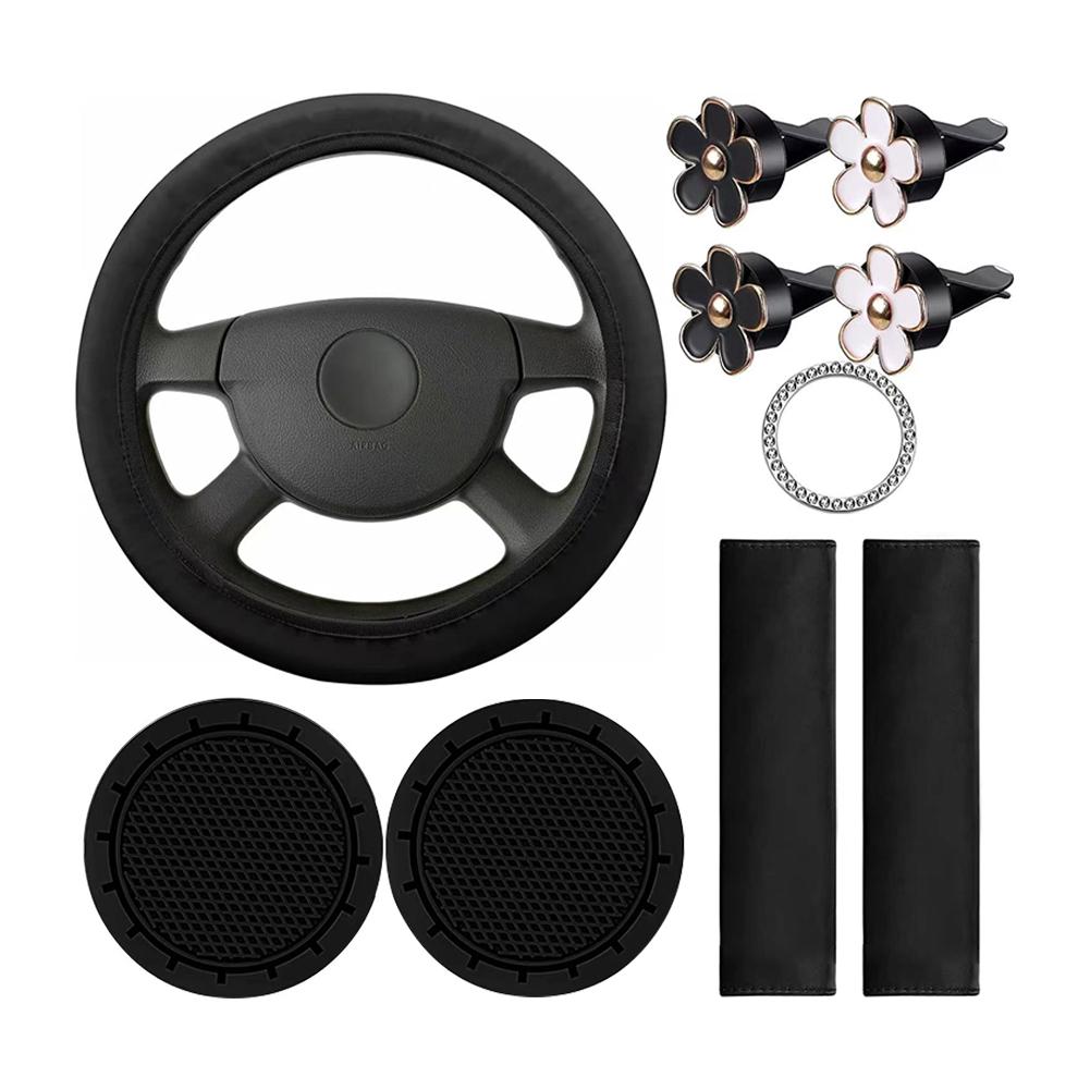 10 шт. кожаный чехол на руль для женщин, симпатичные автомобильные аксессуары, набор с ремнем безопасности, подплечниками, подстаканниками, украшениями для автомобиля