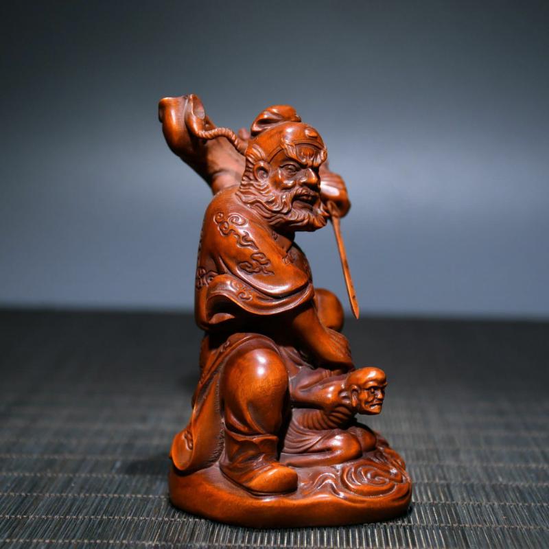 Chinese Vintage Boxwood Carving Zhong Kui Subdues The Devil Figure Statue Art